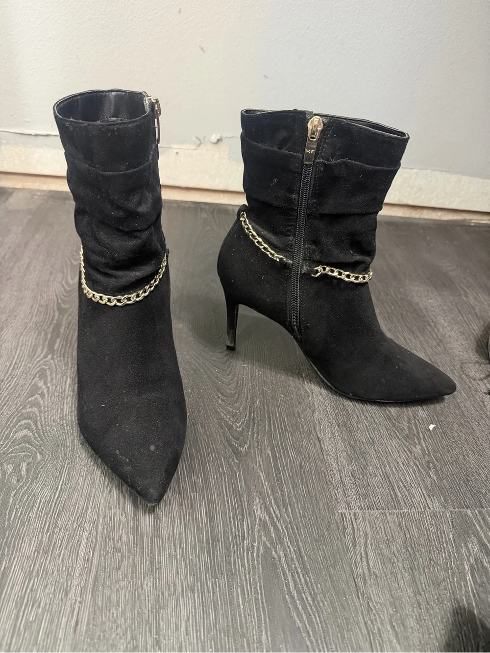 Marc Fisher Black Suede Pointed Ankle Booties with Gold Chain Accent